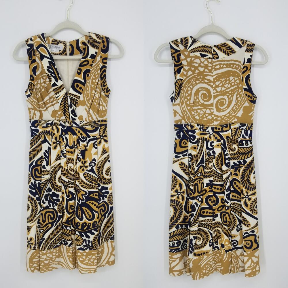 Kay Unger Silk Abstract Paisley Dress 2‎ A Line Sleeveless V Neck Pleated Navy